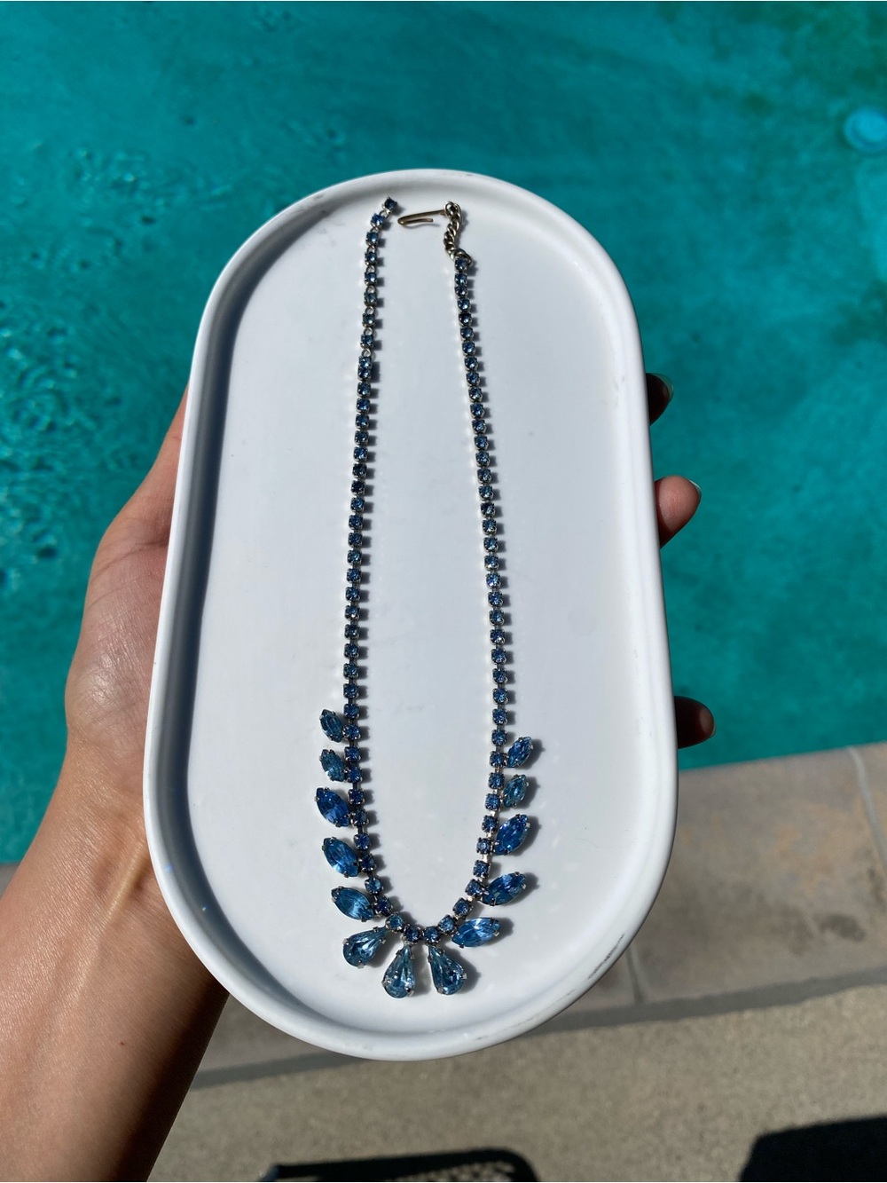 Vintage 50s Silver Blue Teardrop Crystal Necklace - Women's Jewelry - Picture 3 of 3